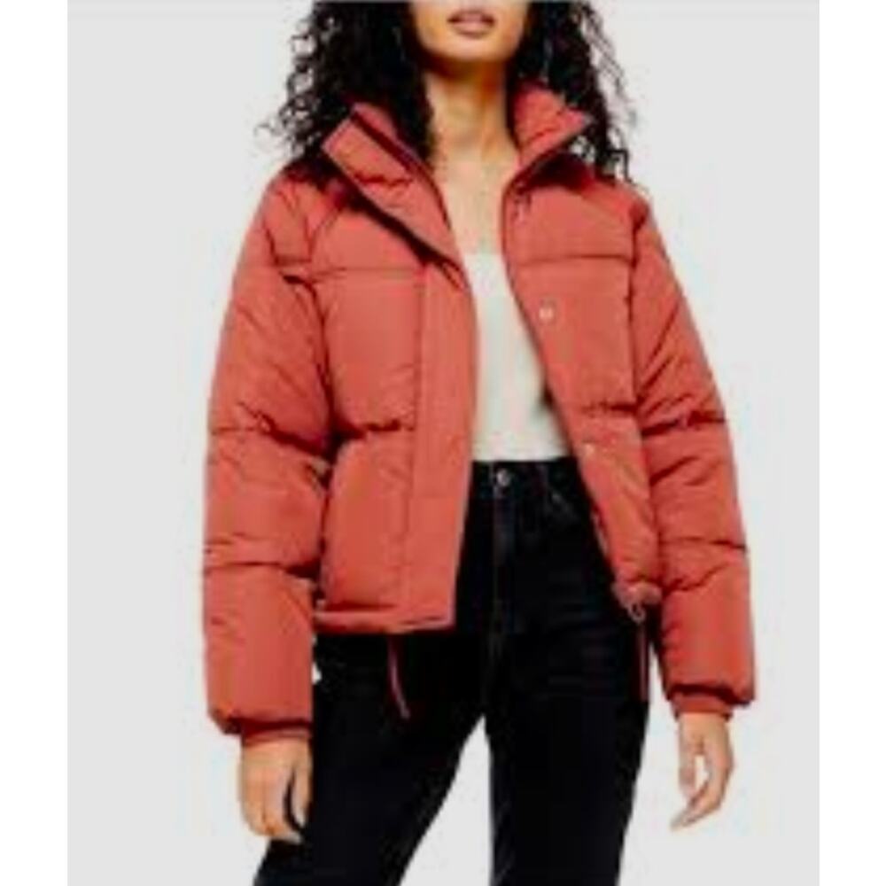 Womens Topshop Sasha Drop Sleeve Crop Puffer Jacket Size 12 Rusty Rose Gold